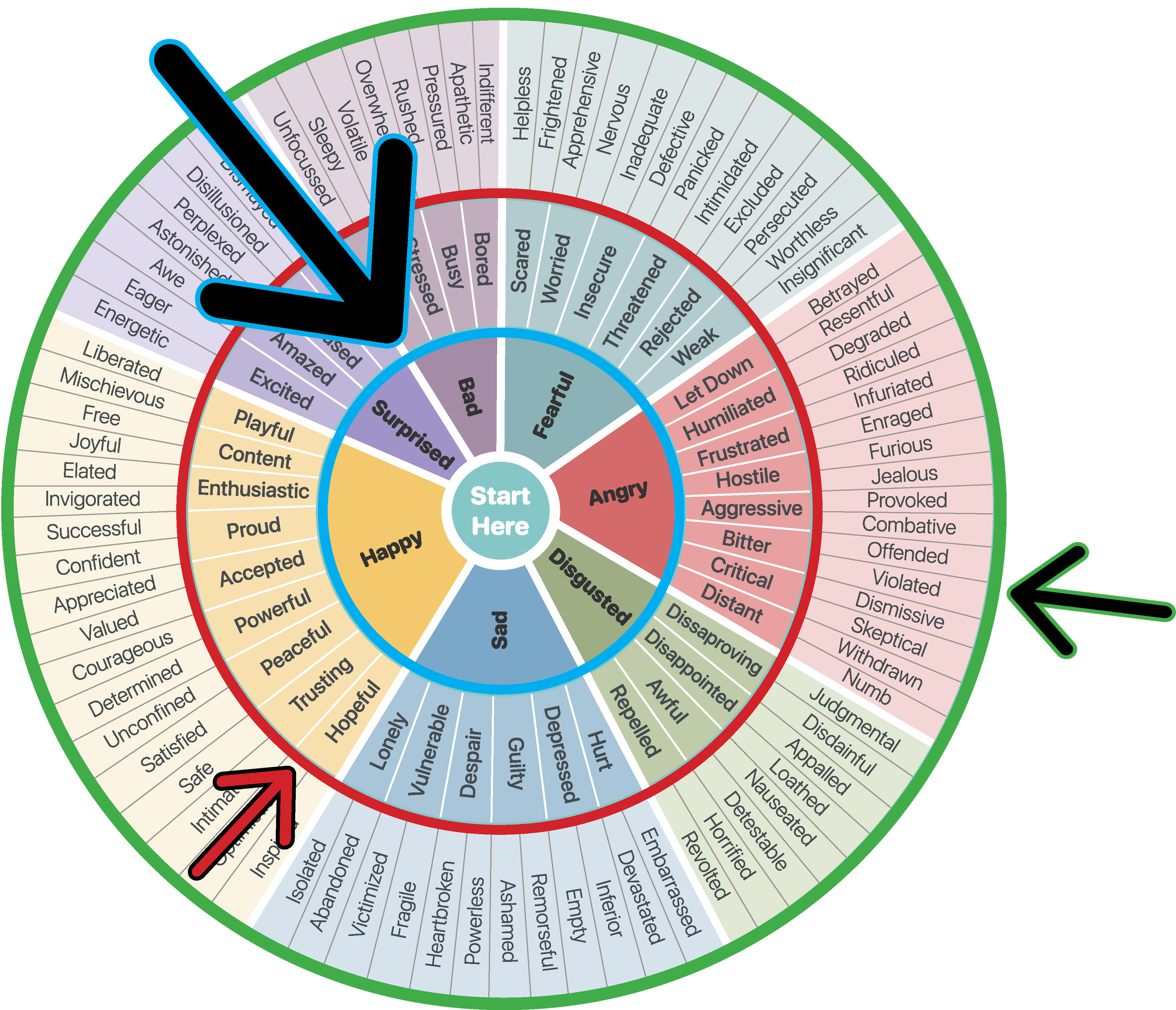Feeling Wheel showing inner middle and outer emotion layers