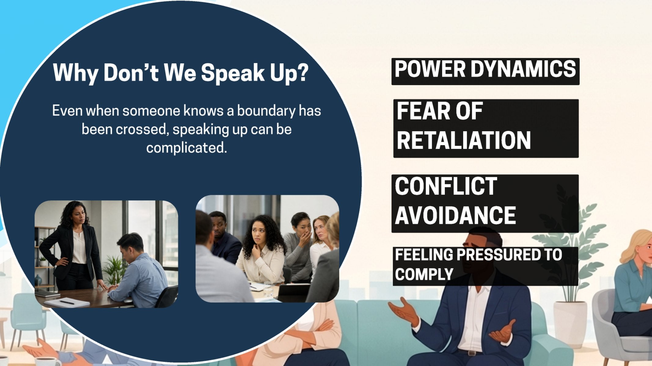 Overstep slide about power dynamics, fear of retaliation, conflict avoidance, and pressure to comply